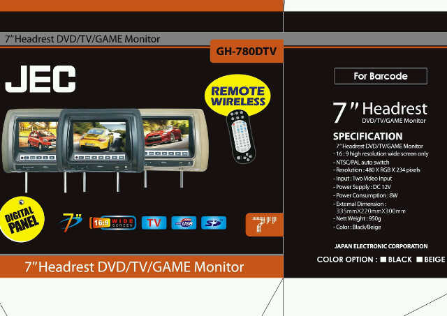 tv mobil headrest tv/dvd/game/usb 7" merk JEC GH-780DT